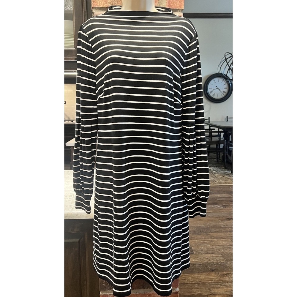 Ann Taylor Black & White Stripes Sheath Dress Balloon Sleeves Size M